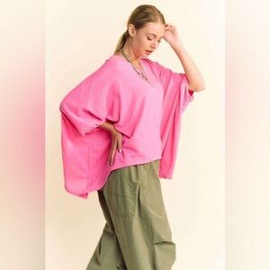 345B-PINK. Cotton Oversized Drop Shoulder Side Slit Top